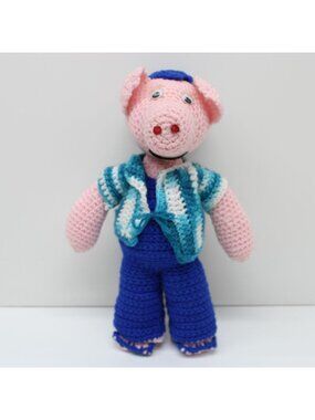 Crochet Knit Stuffed Pink Pig 14 Inch Tall Toy Doll Handmade Vintage